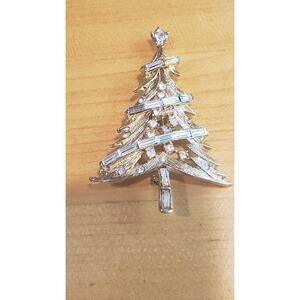 Vintage Pell Christmas Tree Brooch Pin Gold Tone Rhinestones Holiday Gift Big